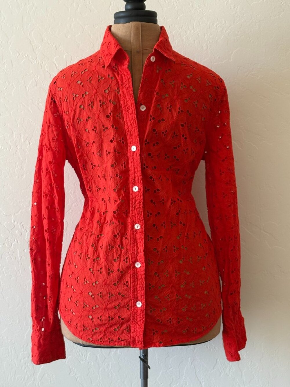Lucky Brand Button Up Lace/Embroidered/Eyelet Top. Size M. Red.